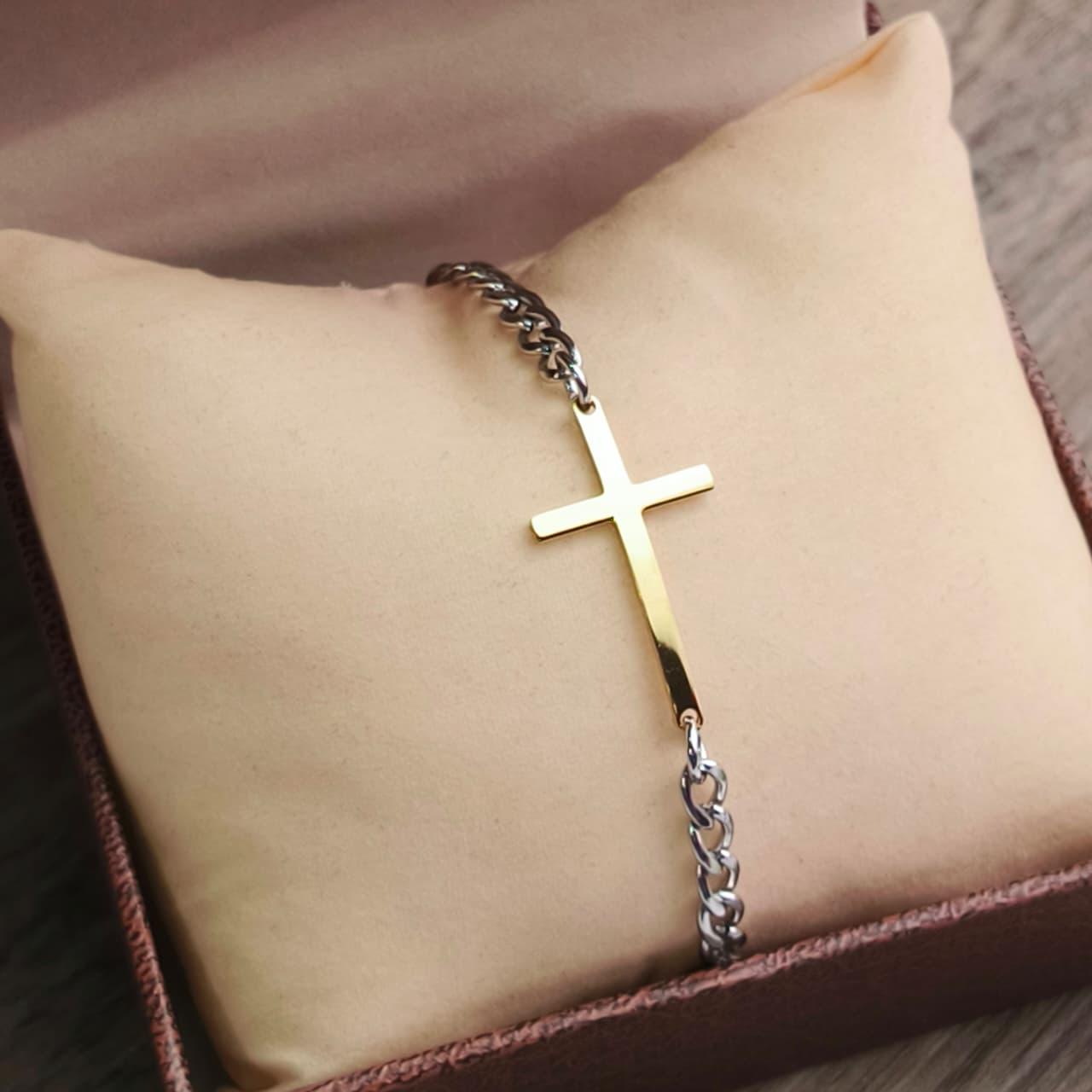 💎ESCLAVA TEJIDO CUBANO CON CRUZ EN ACERO RODINADO + CAJA DE REGALO🎁