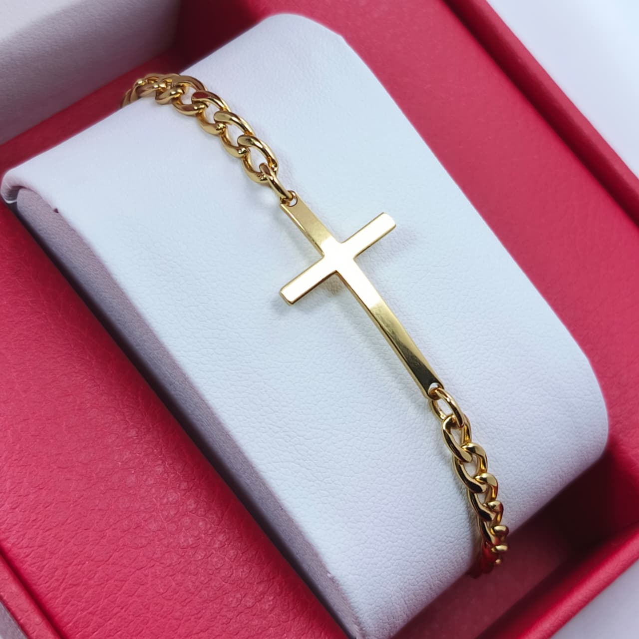 💎ESCLAVA TEJIDO CUBANO CON CRUZ EN ACERO RODINADO + CAJA DE REGALO🎁